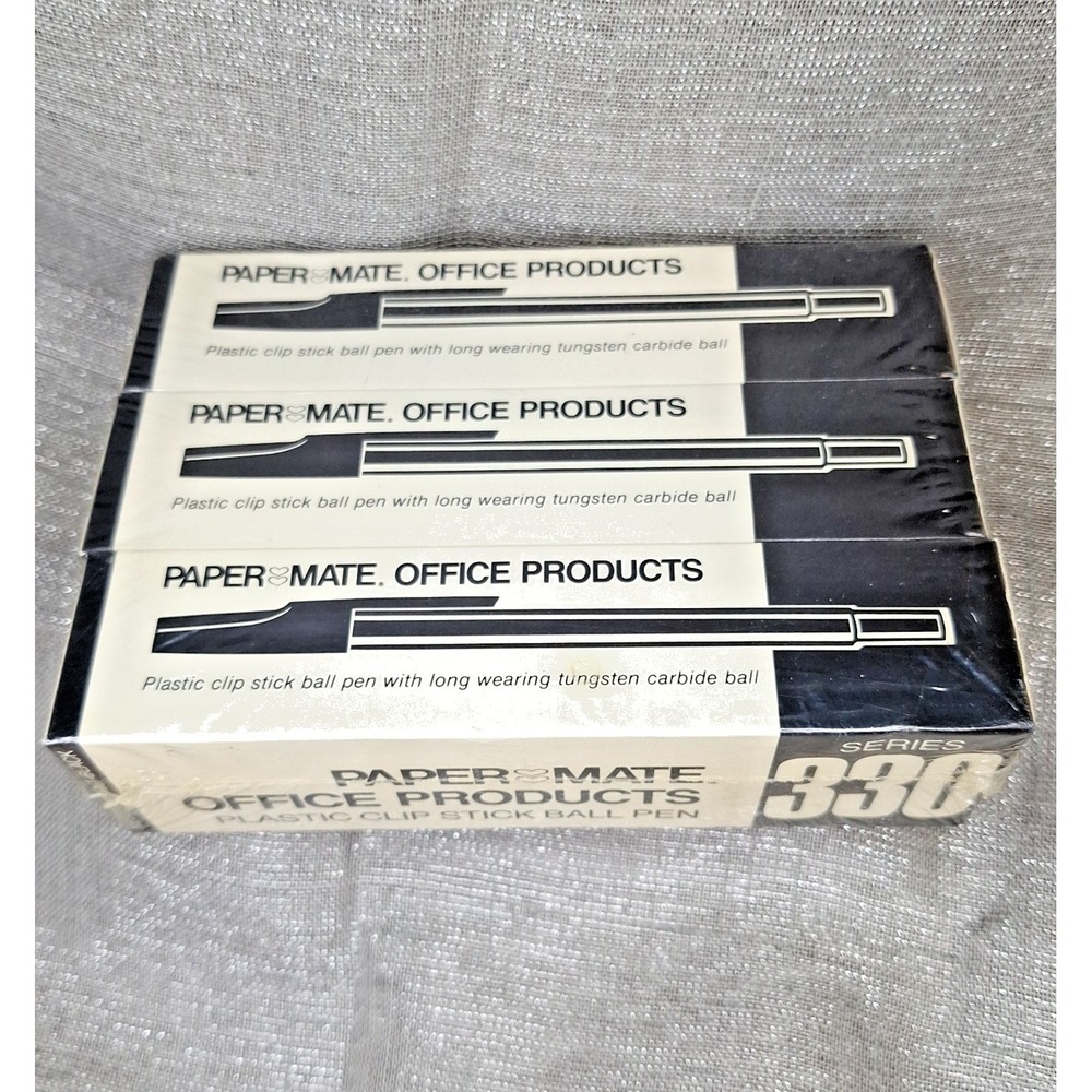 3 Sealed Boxes '80s Paper Mate 330 Plastic Clip Stick Ball Pens 333-11 Med Black